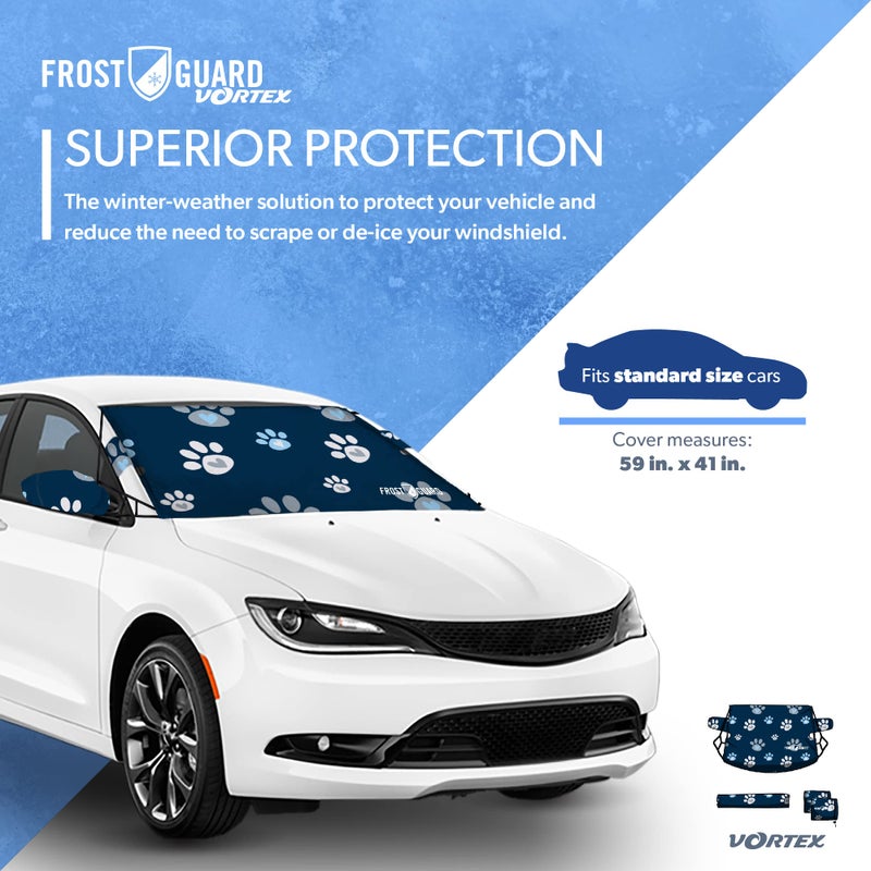 FrostGuard Vortex | Full-Coverage Car Windshield Cover for Ice and Snow, Standard Size (Puppy Paws) - Wiper Blade + Side Mirror Covers - Fit-Fast Straps, Security Panels + Storage Pouch - 59x41 Inches - Image 2